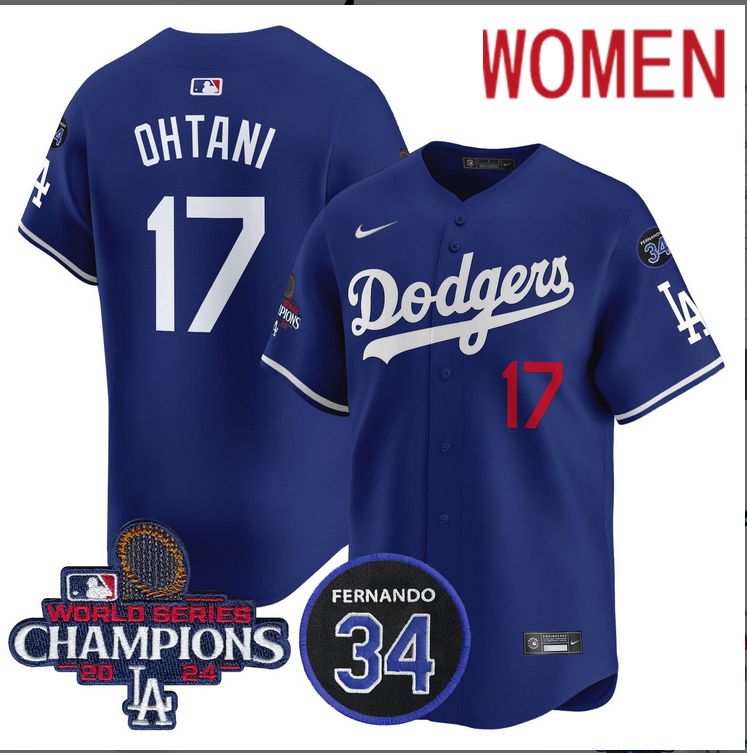 Women MLB Los Angeles Dodgers #17 Ohtani blue 2024 World Series Champions Patch Limited Jersey style 2